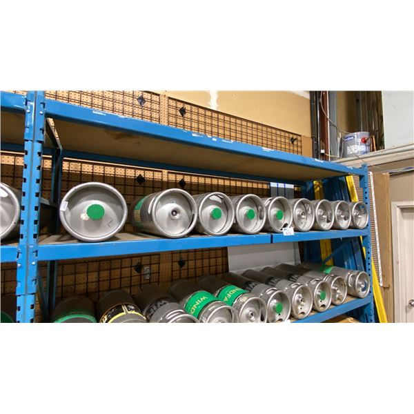 SHELF OF 9 COMMERCIAL METAL BEER KEGS *MUST TAKE ALL ON SHELF*