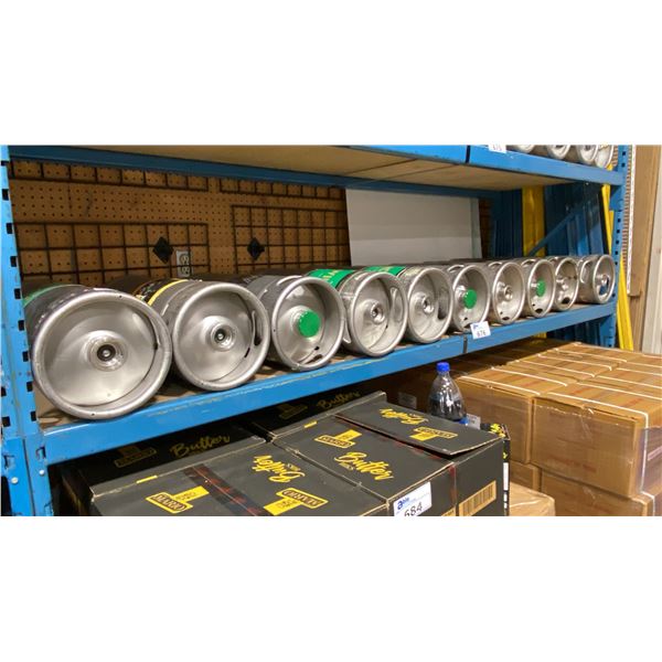 SHELF OF 10 COMMERCIAL METAL BEER KEGS *MUST TAKE ALL ON SHELF*