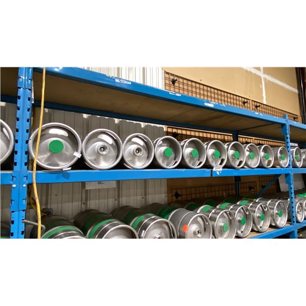 SHELF OF 10 COMMERCIAL METAL BEER KEGS *MUST TAKE ALL ON SHELF*