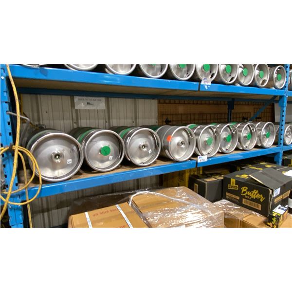 SHELF OF 8 COMMERCIAL METAL BEER KEGS *MUST TAKE ALL ON SHELF*