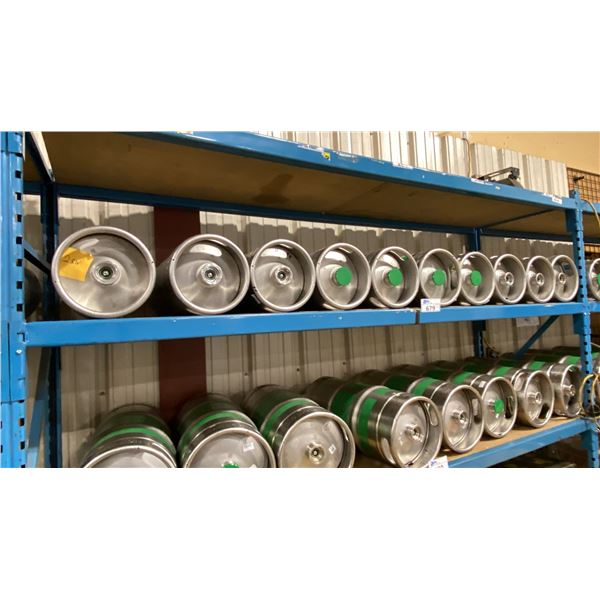SHELF OF 10 COMMERCIAL METAL BEER KEGS *MUST TAKE ALL ON SHELF*