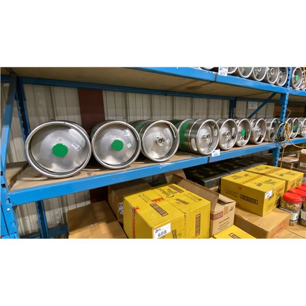 SHELF OF 8 COMMERCIAL METAL BEER KEGS *MUST TAKE ALL ON SHELF*