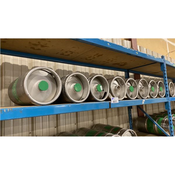 SHELF OF 8 COMMERCIAL METAL BEER KEGS *MUST TAKE ALL ON SHELF*