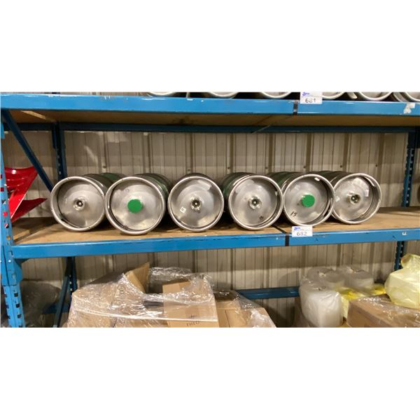 SHELF OF 6 COMMERCIAL METAL BEER KEGS *MUST TAKE ALL ON SHELF*