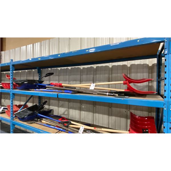 SHELF OF ASSORTED COMMERCIAL SNOW SHOVELS & SIDEWALK SCRAPERS