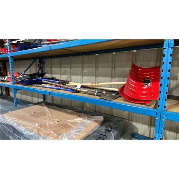 SHELF OF ASSORTED COMMERCIAL SNOW SHOVELS & SIDEWALK SCRAPERS