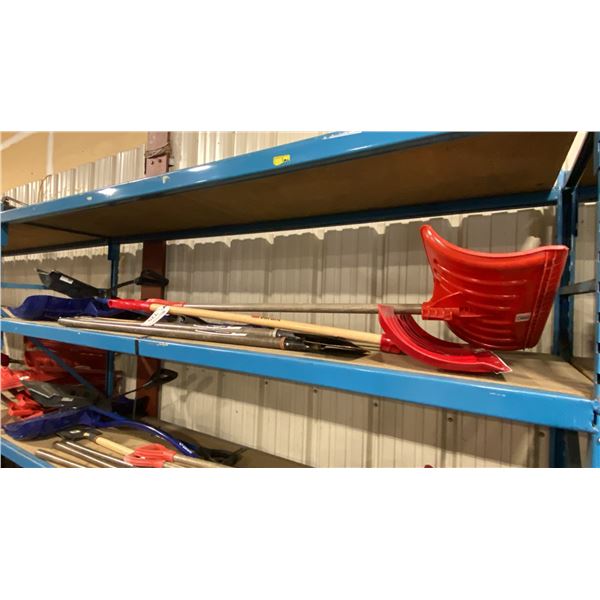 SHELF OF ASSORTED COMMERCIAL SNOW SHOVELS & SIDEWALK SCRAPERS