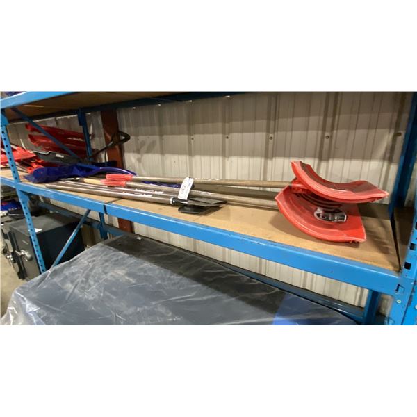 SHELF OF ASSORTED COMMERCIAL SNOW SHOVELS & SIDEWALK SCRAPERS