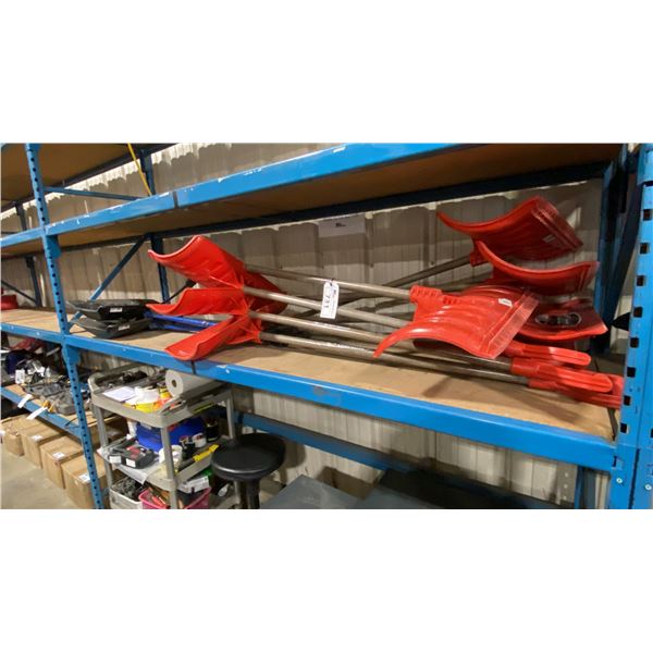SHELF OF ASSORTED COMMERCIAL SNOW SHOVELS