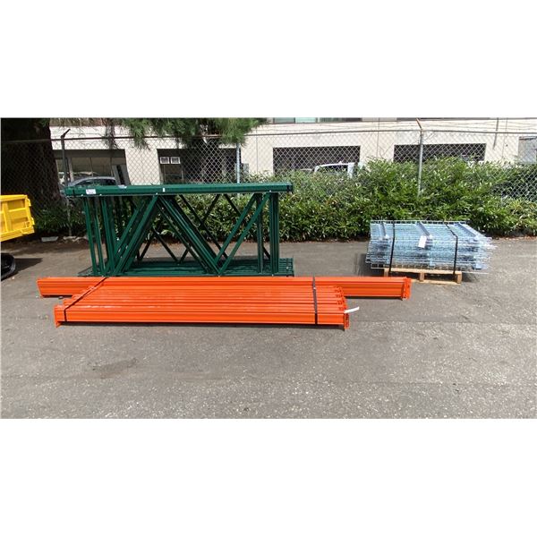 RACKSTEEL PALLET RACKING WITH (9)- 8 FT GREEN UPRIGHTS, (10)- 8 FT ORANGE SIDE RAILS, (2)- 12 FT