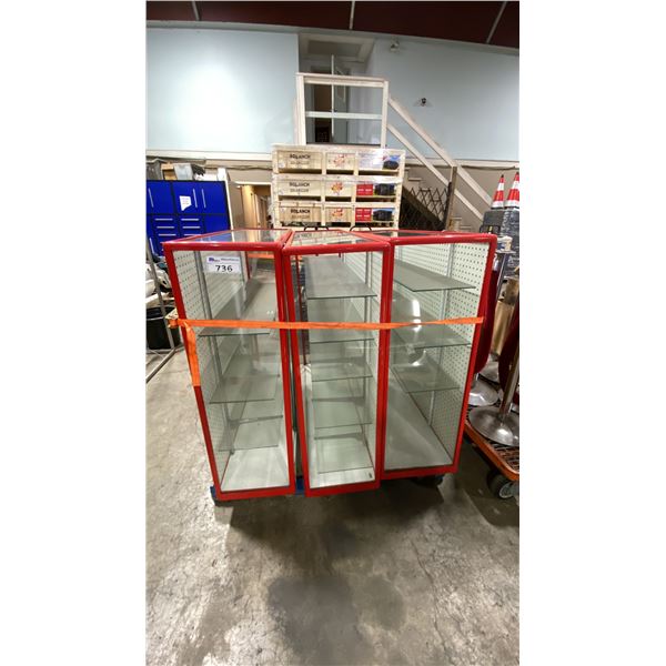 3 RED METAL FRAMED DISPLAY CABINETS WITH WHITE PEG BOARD BACKING, GLASS SHELVES & SLIDING