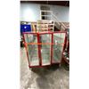 Image 1 : 3 RED METAL FRAMED DISPLAY CABINETS WITH WHITE PEG BOARD BACKING, GLASS SHELVES & SLIDING