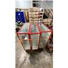 Image 2 : 3 RED METAL FRAMED DISPLAY CABINETS WITH WHITE PEG BOARD BACKING, GLASS SHELVES & SLIDING