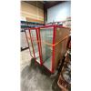 Image 4 : 3 RED METAL FRAMED DISPLAY CABINETS WITH WHITE PEG BOARD BACKING, GLASS SHELVES & SLIDING