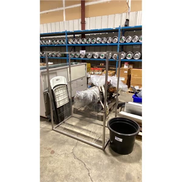 GROUP OF ASSORTED ITEMS- STATIONARY CLOTHING RACK, PLANTER POT, FOLDING CHAIRS, PLASTIC 4 WHEEL