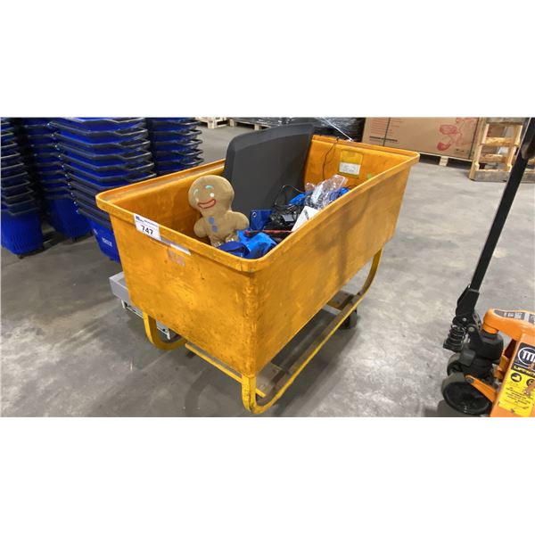 YELLOW PLASTIC/METAL MOBILE PRODUCT BIN APPROX 4' X 2' X 33"H WITH ASSORTED CONTENTS