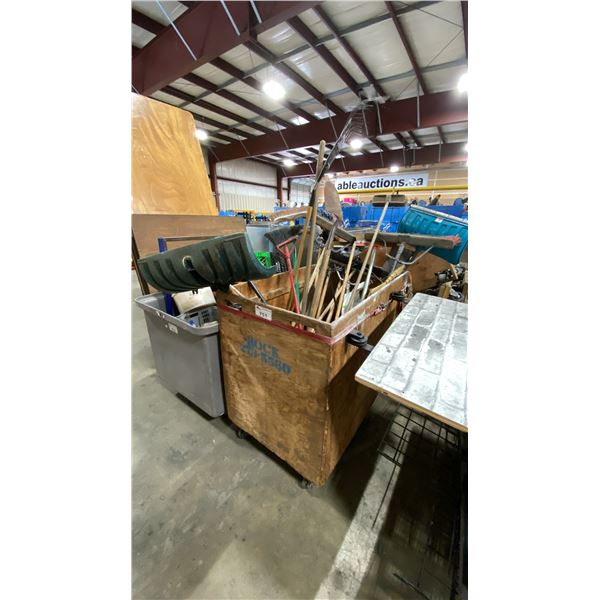 WOODEN MOBILE CART WITH ASSORTED SHOVELS, BROOMS & LARGE TOOLS *CART INCLUDED*