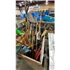 Image 4 : WOODEN MOBILE CART WITH ASSORTED SHOVELS, BROOMS & LARGE TOOLS *CART INCLUDED*