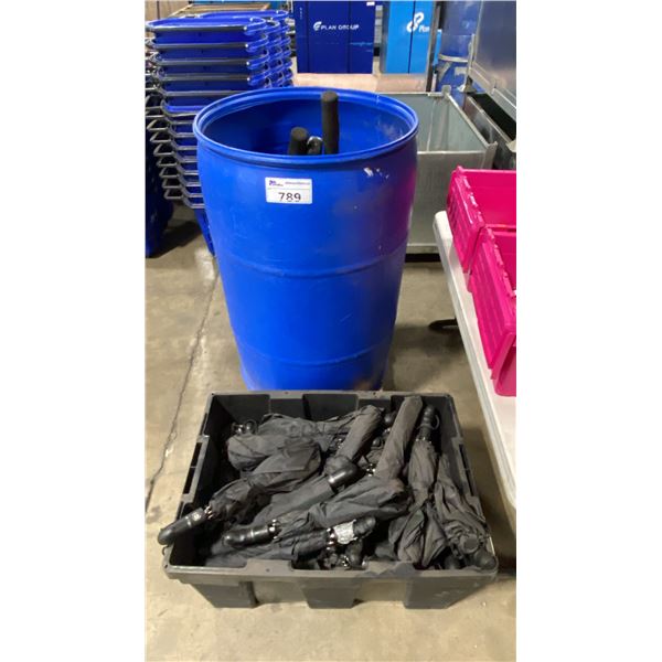 PLASTIC BARREL & BIN OF ASSORTED UMBRELLAS *BIN & BARREL INCLUDED*