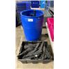 Image 1 : PLASTIC BARREL & BIN OF ASSORTED UMBRELLAS *BIN & BARREL INCLUDED*