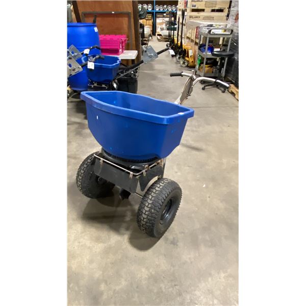 BROADCAST SPREADER BLUE COMMERCIAL WALK BEHIND PNEUMATIC TIRE HOPPER SPREADER