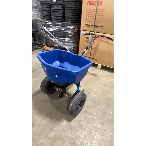 BROADCAST SPREADER BLUE COMMERCIAL WALK BEHIND PNEUMATIC TIRE HOPPER SPREADER