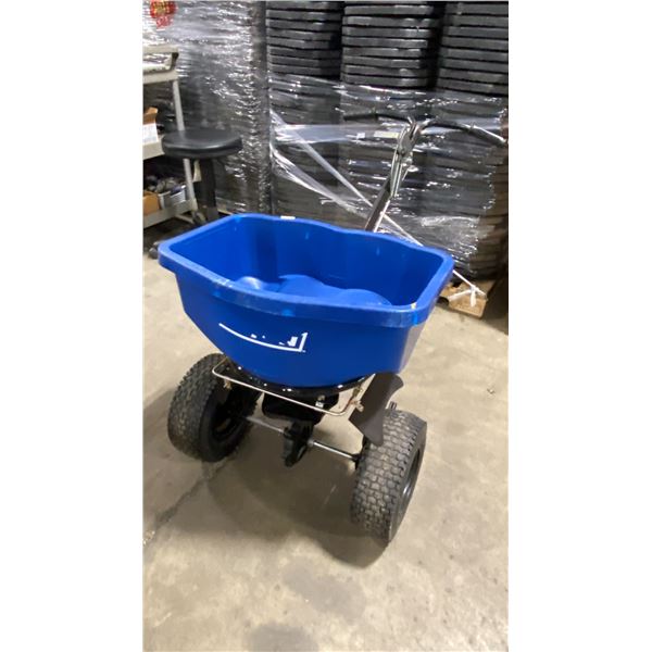 BROADCAST SPREADER BLUE COMMERCIAL WALK BEHIND PNEUMATIC TIRE HOPPER SPREADER