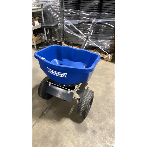 BROADCAST SPREADER BLUE COMMERCIAL WALK BEHIND PNEUMATIC TIRE HOPPER SPREADER