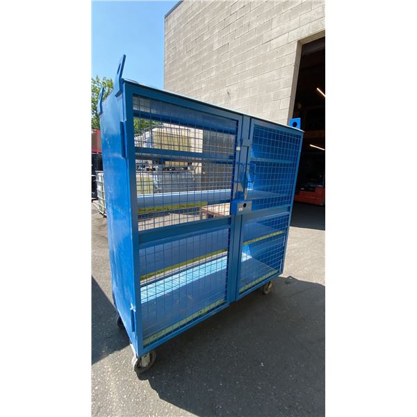 BLUE 2 DOOR METAL MESH 61"W X 25"D X 67"H HEAVY DUTY INDUSTRIAL TRANSPORT / STORAGE CART WITH CRANE