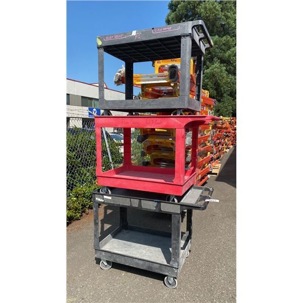 3- PLASTIC 2 TIER INDUSTRIAL MOBILE PRODUCT CART APPROX 43"L X 23"W X 33"H