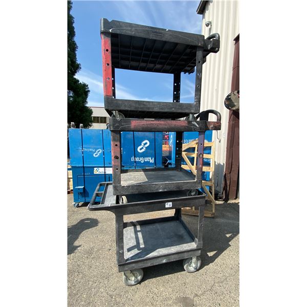 3- PLASTIC 2 TIER INDUSTRIAL MOBILE PRODUCT CART APPROX 43"L X 23"W X 33"H