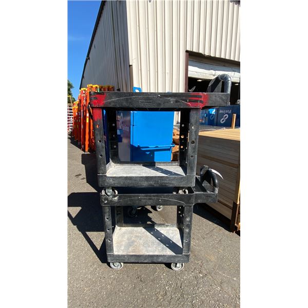 2- PLASTIC 2 TIER INDUSTRIAL MOBILE PRODUCT CART APPROX 31"L X 17"D X 33"H
