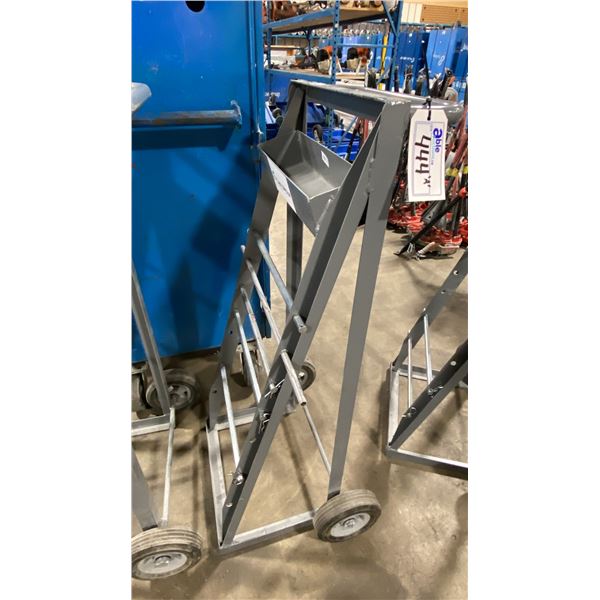 ULINE GREY METAL 2 WHEEL WIRE REEL CADDY WITH TOOL TRAY