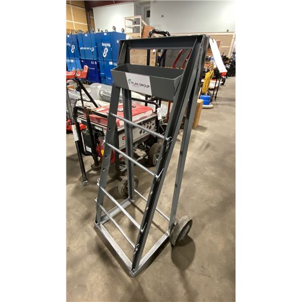 ULINE GREY METAL 2 WHEEL WIRE REEL CADDY WITH TOOL TRAY