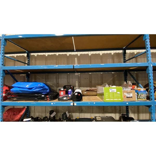 SHELF OF ASSORTED ITEMS- MILWAUKEE JOB LIGHT, RESPIRATOR, AIR COMPRESSOR, FAN, PAINT & MORE