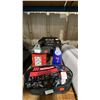 Image 3 : SHELF OF ASSORTED ITEMS- MILWAUKEE JOB LIGHT, RESPIRATOR, AIR COMPRESSOR, FAN, PAINT & MORE