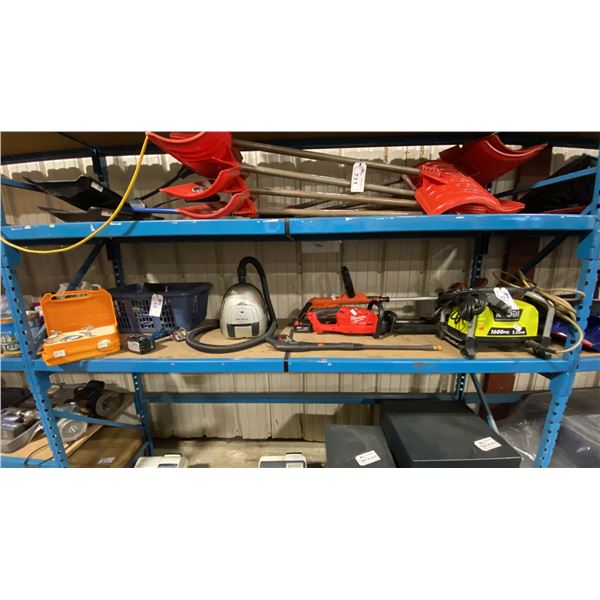 SHELF OF ASSORTED ITEMS- RYOBI PRESSURE WASHER, MILWAUKEE CORDLESS HEDGE TRIMMER, LONG HANDLED