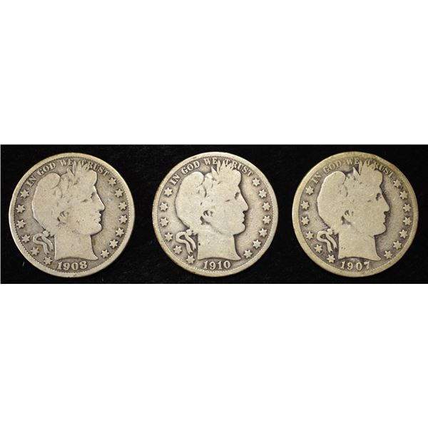 1907-D, 1908-O, 1910 BARBER HALF DOLLARS
