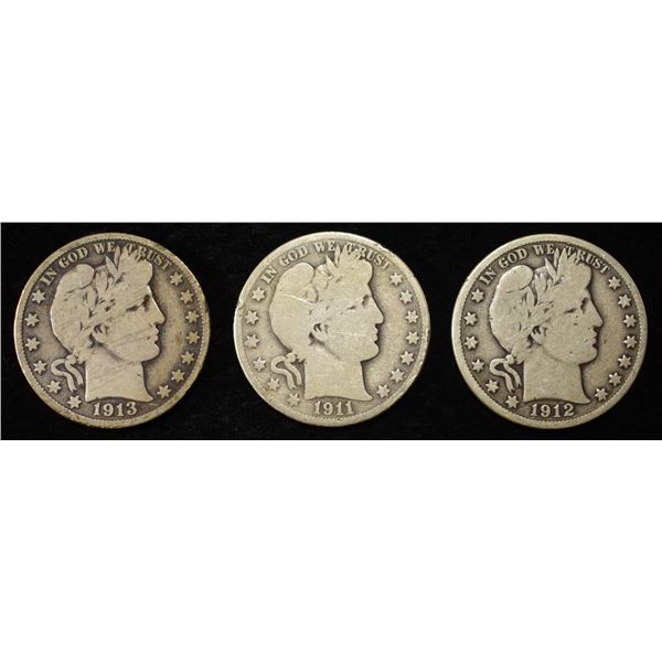 1911-S, 1912-D, 1913-S BARBER HALF DOLLARS