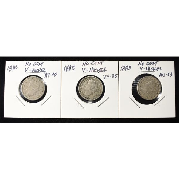 (3) 1883 'V' NICKELS NO CENTS