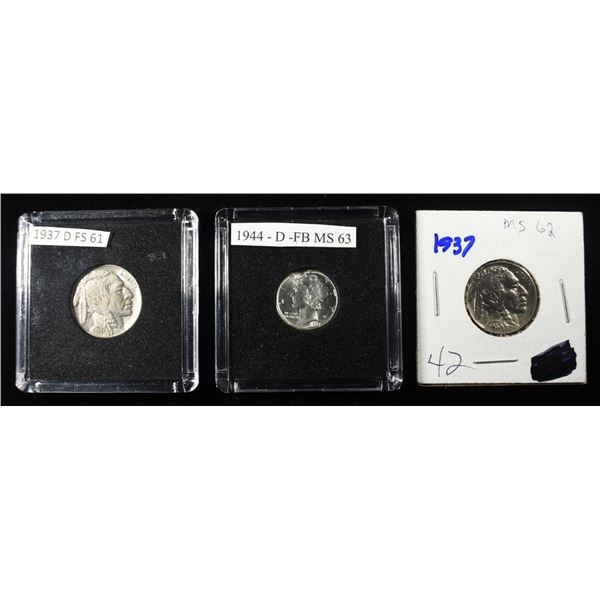 1944-D MERCURY DIME & 1937-P&D BUFFALO NICKELS