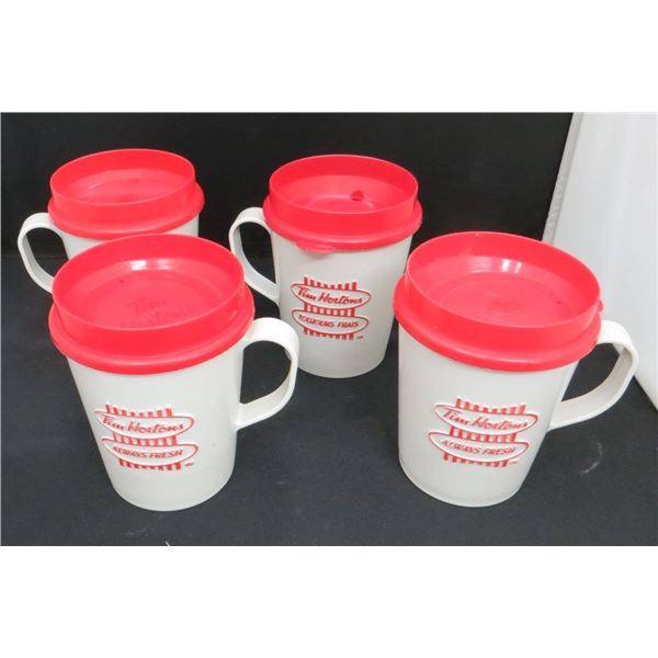 4 Vintage Tim Horton Plastic Travel Coffee Mugs with Lids 4 1/2" Tall