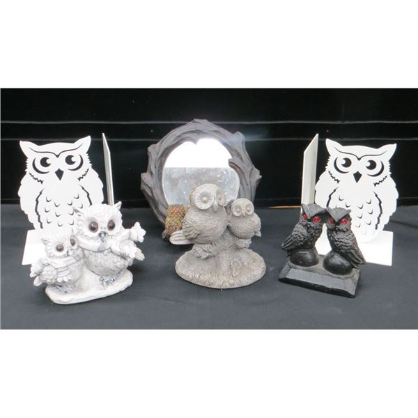 Donated Collection Of Owl Figures, Bookends, & Decorative Table Mirror 8" Tall