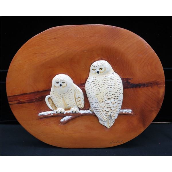 Vintage Wooden Hand Crafted Snow Owls Wall Hanging 14" Wide by Ed Ash