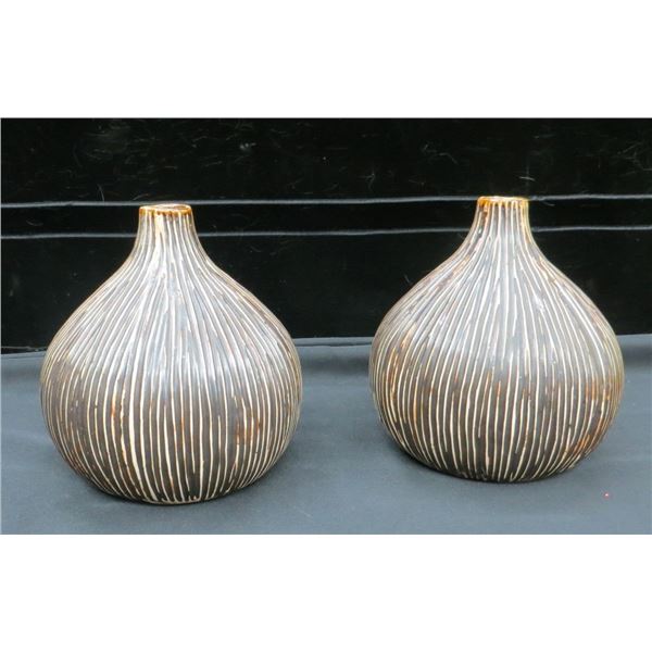Two Brown Striped Decorative Ceramic Vases 8" tall