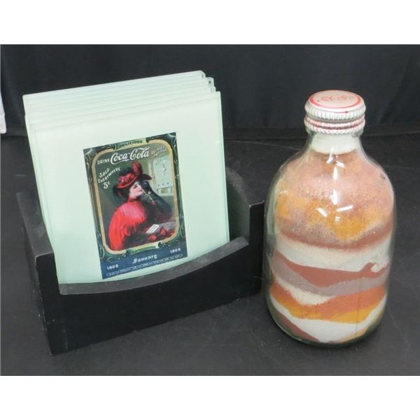 Coca-Cola Coasters Set & Glass Coke Bottle With Sand Art