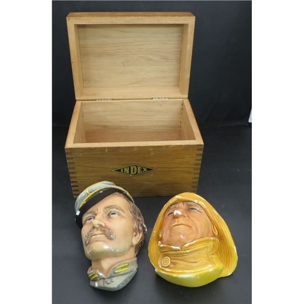Vintage Index Card Box With 2 Bossons Chalkware Heads
