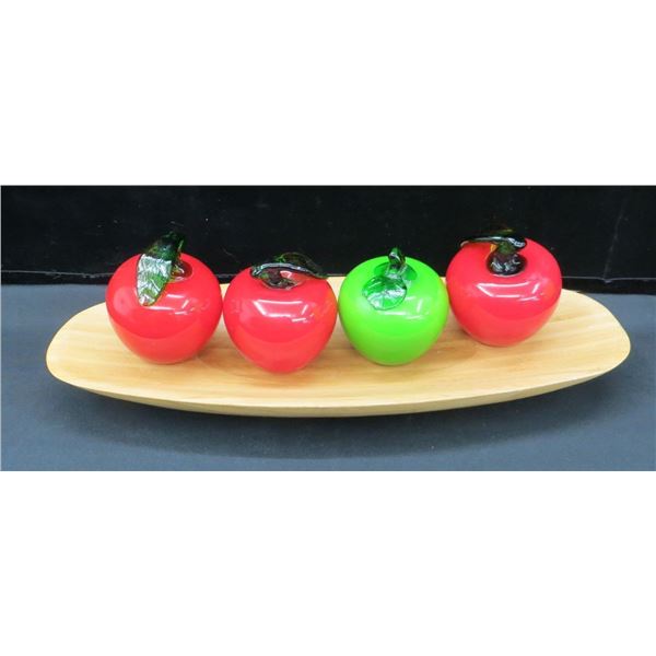 Wood Serving/Fruit Tray 18" Long With 4 Blown Glass Apples