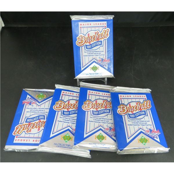 5 Sealed Packs Of 1991 Upper Deck Baseball 15 Cards Per Pack + 1 Hologram