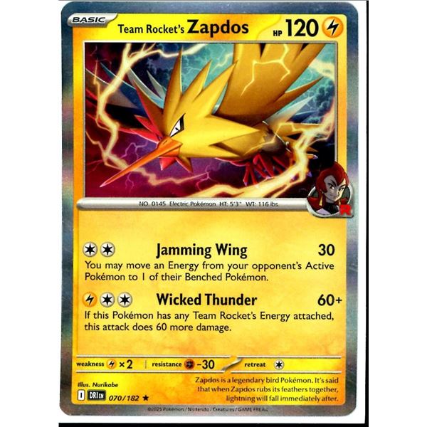 Pokemon Team Rocket's Zapdos - 070/182 - Rare HOLO Destined Rivals